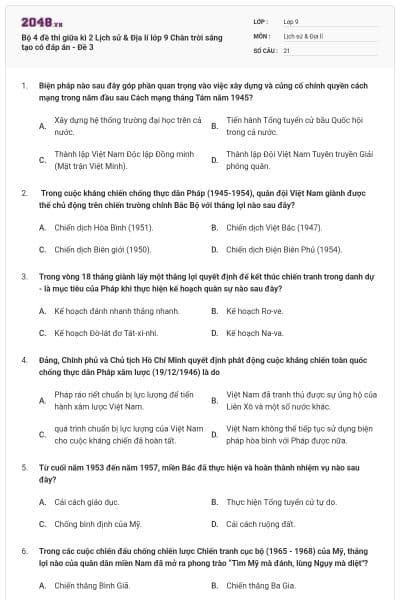 Bộ 4 đề thi giữa kì 2 Lịch sử & Địa lí lớp 9 Chân trời sáng tạo có đáp án - Đề 3