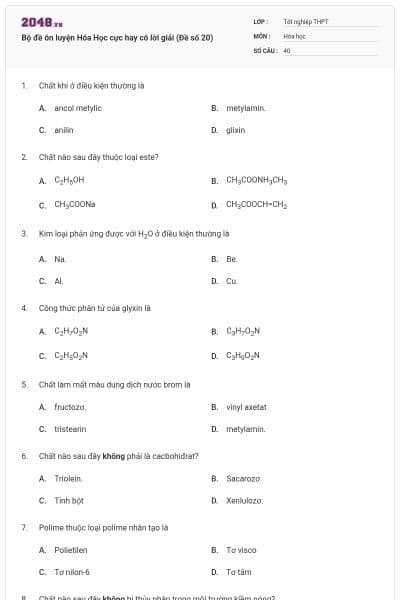 Bộ đề ôn luyện Hóa Học cực hay có lời giải (Đề số 20)