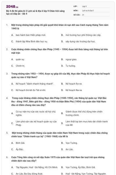 Bộ 4 đề thi giữa kì 2 Lịch sử & Địa lí lớp 9 Chân trời sáng tạo có đáp án - Đề 4