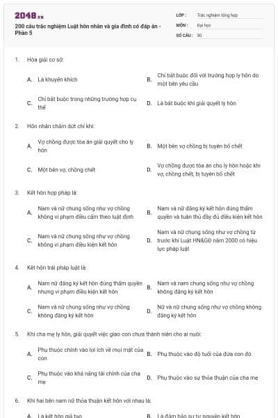 200 câu trắc nghiệm Luật hôn nhân và gia đình có đáp án - Phần 5