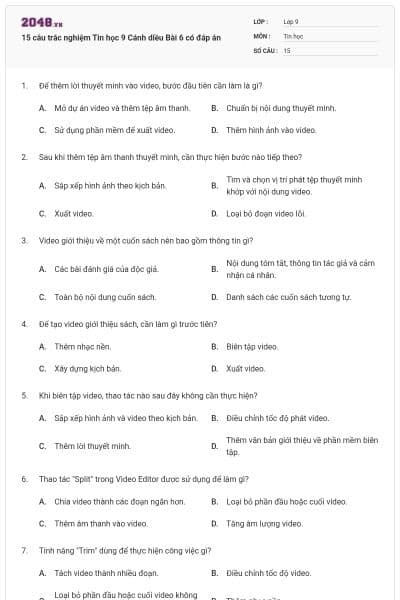 15 câu trắc nghiệm Tin học 9 Cánh diều Bài 6 có đáp án