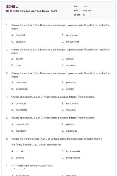 Bộ 40 đề thi Tiếng Anh vào 10 có đáp án - Đề 29