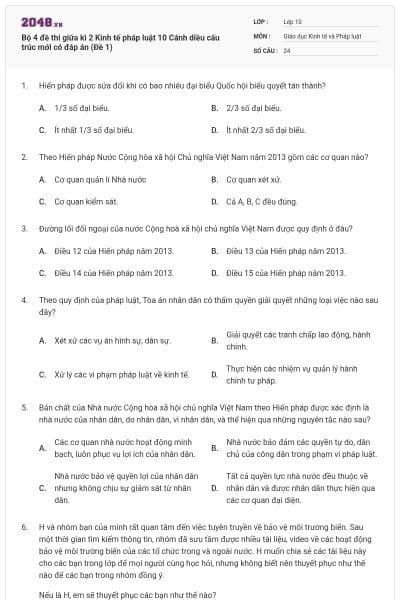 Bộ 4 đề thi giữa kì 2 Kinh tế pháp luật 10 Cánh diều cấu trúc mới có đáp án (Đề 1)