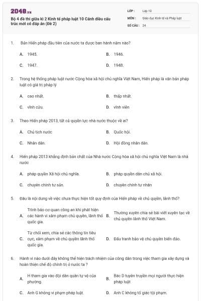 Bộ 4 đề thi giữa kì 2 Kinh tế pháp luật 10 Cánh diều cấu trúc mới có đáp án (Đề 2)