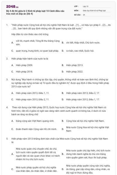 Bộ 4 đề thi giữa kì 2 Kinh tế pháp luật 10 Cánh diều cấu trúc mới có đáp án (Đề 4)
