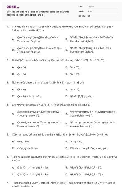 Bộ 5 đề thi giữa kì 2 Toán 10 Chân trời sáng tạo cấu trúc mới (có tự luận) có đáp án - Đề 2