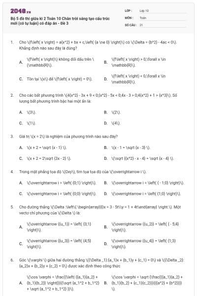 Bộ 5 đề thi giữa kì 2 Toán 10 Chân trời sáng tạo cấu trúc mới (có tự luận) có đáp án - Đề 3