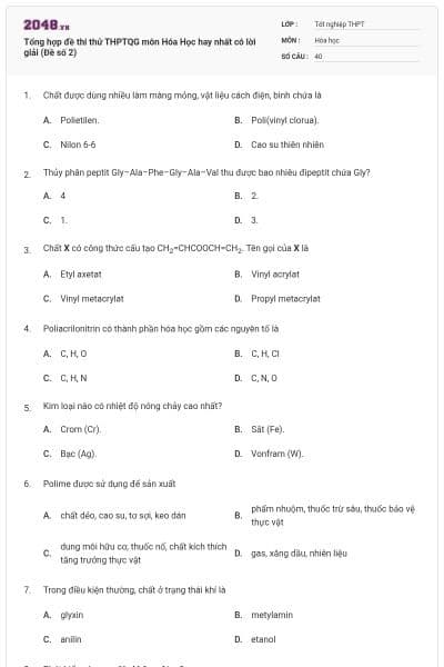 Tổng hợp đề thi thử THPTQG môn Hóa Học hay nhất có lời giải (Đề số 2)