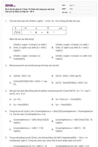 Bộ 5 đề thi giữa kì 2 Toán 10 Chân trời sáng tạo cấu trúc mới (có tự luận) có đáp án - Đề 4