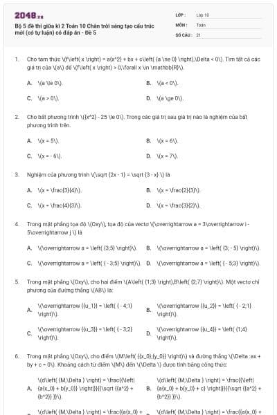 Bộ 5 đề thi giữa kì 2 Toán 10 Chân trời sáng tạo cấu trúc mới (có tự luận) có đáp án - Đề 5