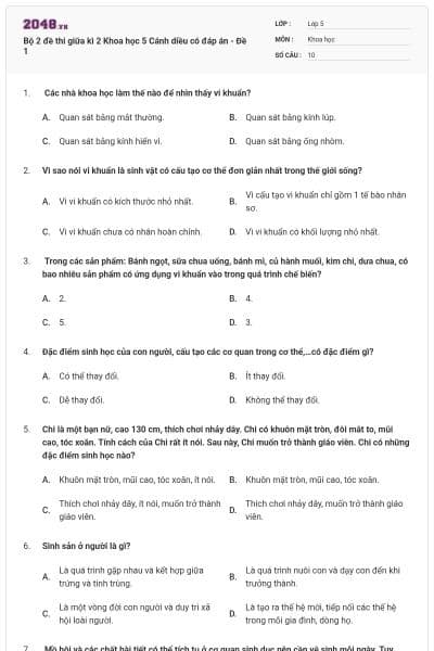 Bộ 2 đề thi giữa kì 2 Khoa học 5 Cánh diều có đáp án - Đề 1
