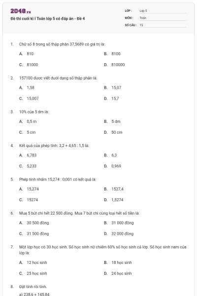 Đề thi cuối kì I Toán lớp 5 có đáp án - Đề 4