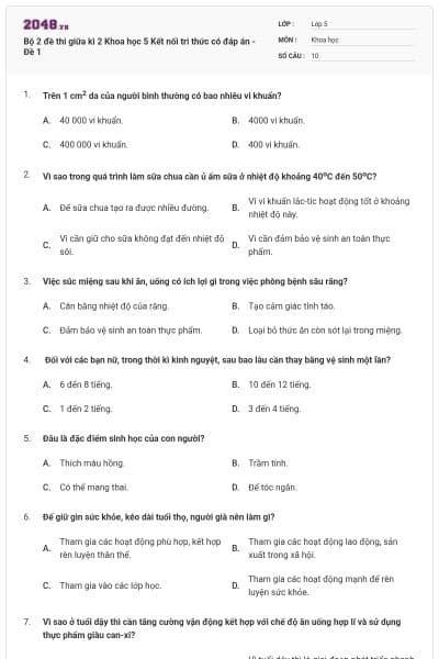 Bộ 2 đề thi giữa kì 2 Khoa học 5 Kết nối tri thức có đáp án - Đề 1