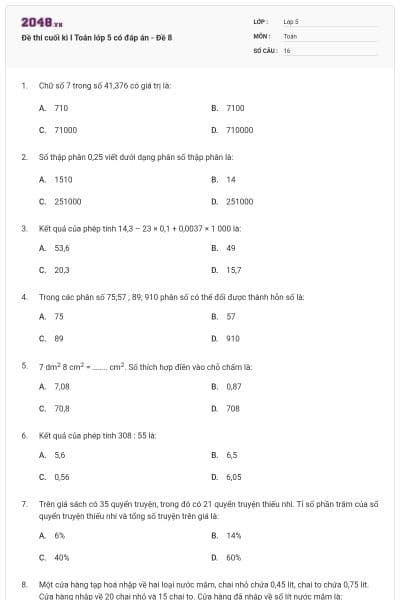 Đề thi cuối kì I Toán lớp 5 có đáp án - Đề 8