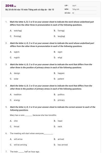 Bộ 20 đề thi vào 10 môn Tiếng anh có đáp án - Đề 15
