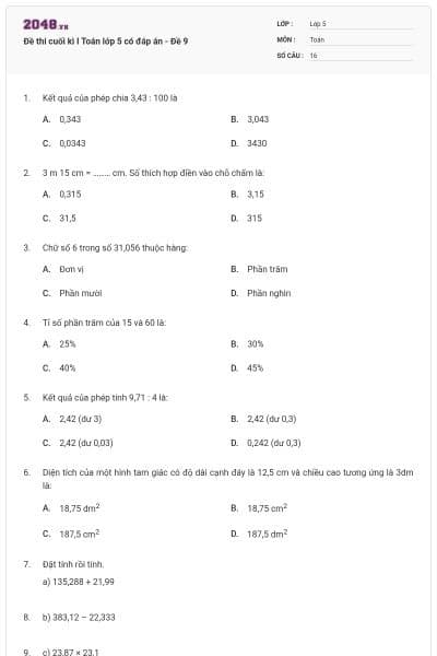 Đề thi cuối kì I Toán lớp 5 có đáp án - Đề 9