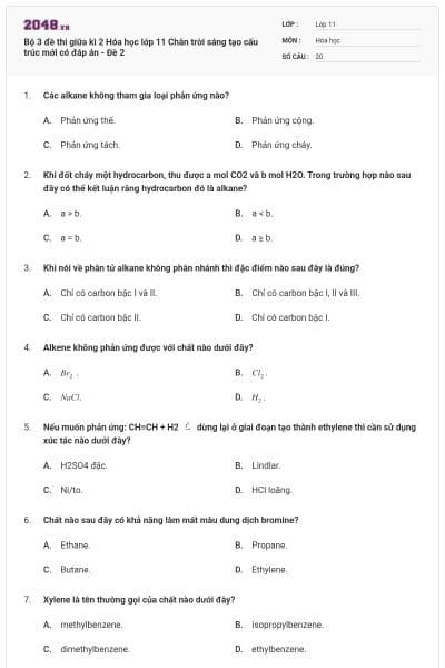 Bộ 3 đề thi giữa kì 2 Hóa học lớp 11 Chân trời sáng tạo cấu trúc mới có đáp án - Đề 2