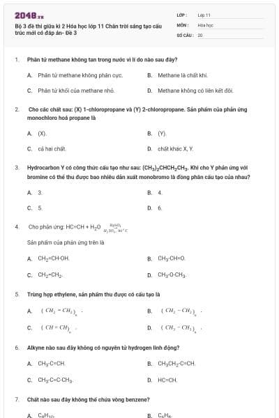 Bộ 3 đề thi giữa kì 2 Hóa học lớp 11 Chân trời sáng tạo cấu trúc mới có đáp án- Đề 3