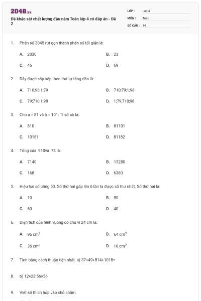 Đề khảo sát chất lượng đầu năm Toán lớp 4 có đáp án - Đề 2