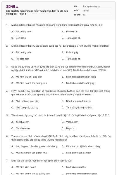 500 câu trắc nghiệm tổng hợp Thương mại điện tử căn bản có đáp án - Phần 8
