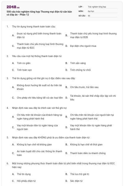 500 câu trắc nghiệm tổng hợp Thương mại điện tử căn bản có đáp án - Phần 12