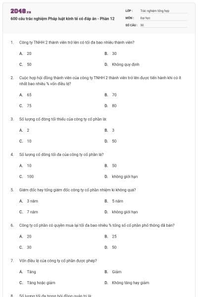 600 câu trắc nghiệm Pháp luật kinh tế có đáp án - Phần 12