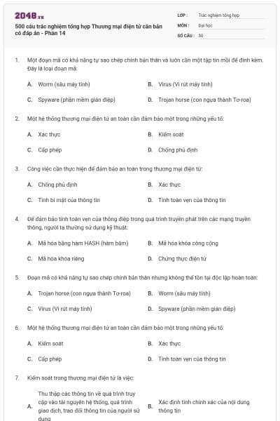 500 câu trắc nghiệm tổng hợp Thương mại điện tử căn bản có đáp án - Phần 14