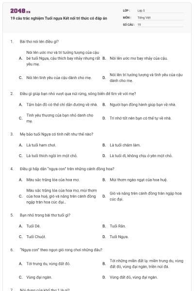 19 câu trắc nghiệm Tuổi ngựa Kết nối tri thức có đáp án