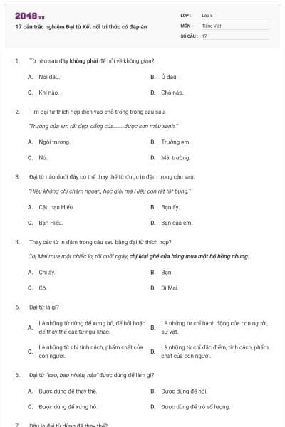 17 câu trắc nghiệm Đại từ Kết nối tri thức có đáp án