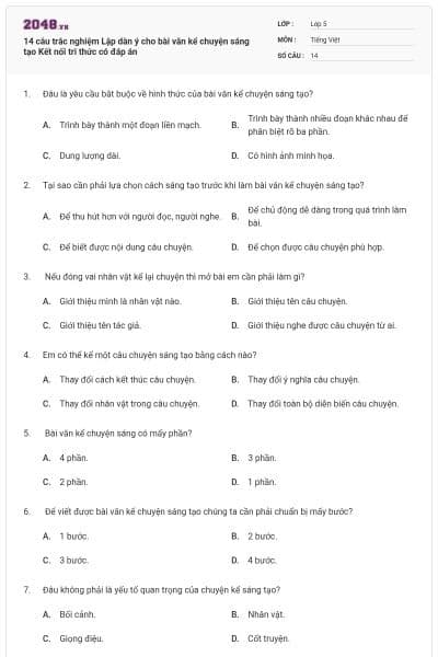 14 câu trắc nghiệm Lập dàn ý cho bài văn kể chuyện sáng tạo Kết nối tri thức có đáp án