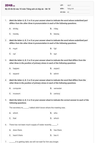 Bộ 20 đề thi vào 10 môn Tiếng anh có đáp án - Đề 18