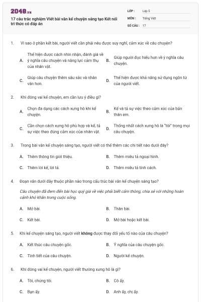 17 câu trắc nghiệm Viết bài văn kể chuyện sáng tạo Kết nối tri thức có đáp án