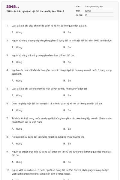 240+ câu trắc nghiệm Luật đất đai có đáp án - Phần 1