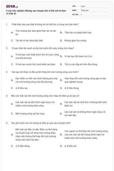 5 câu trắc nghiệm Những câu chuyện thú vị Kết nối tri thức có đáp án