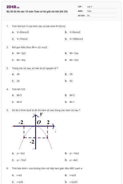 Bộ 30 đề thi vào 10 môn Toán có lời giải chi tiết (Đề 20)