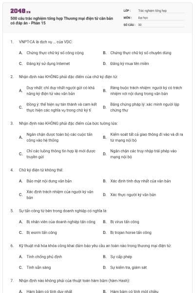 500 câu trắc nghiệm tổng hợp Thương mại điện tử căn bản có đáp án - Phần 15