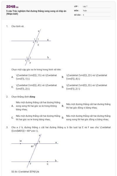 5 câu Trắc nghiệm Hai đường thẳng song song có đáp án (Nhận biết)
