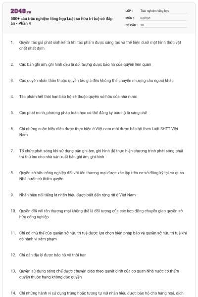 500+ câu trắc nghiệm tổng hợp Luật sở hữu trí tuệ có đáp án - Phần 4