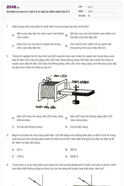 Đề kiểm tra học kì 2 Vật lí 9 có đáp án (Mới nhất) (Đề 21)