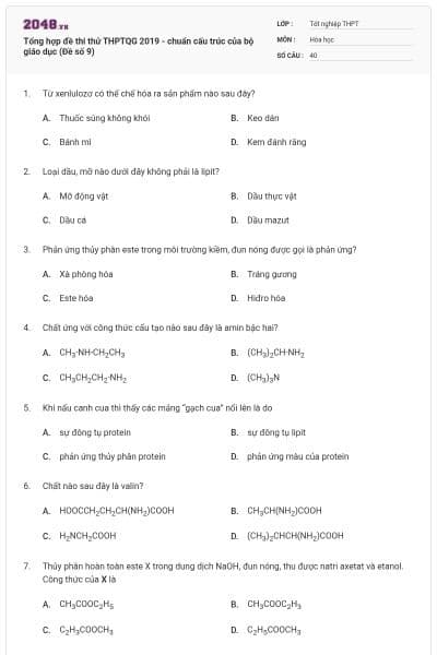 Tổng hợp đề thi thử THPTQG 2019 - chuẩn cấu trúc của bộ giáo dục (Đề số 9)