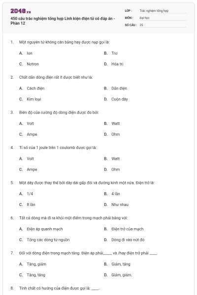 450 câu trắc nghiệm tổng hợp Linh kiện điện tử có đáp án - Phần 12