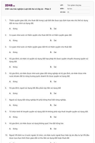 240+ câu trắc nghiệm Luật đất đai có đáp án - Phần 3