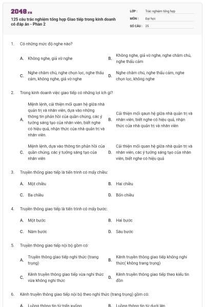 125 câu trắc nghiệm tổng hợp Giao tiếp trong kinh doanh có đáp án - Phần 2