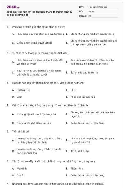 1018 câu trắc nghiệm tổng hợp Hệ thống thông tin quản lý có đáp án (Phần 15)