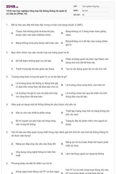 1018 câu trắc nghiệm tổng hợp Hệ thống thông tin quản lý có đáp án (Phần 16)