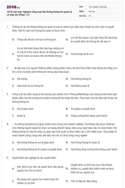 1018 câu trắc nghiệm tổng hợp Hệ thống thông tin quản lý có đáp án (Phần 17)