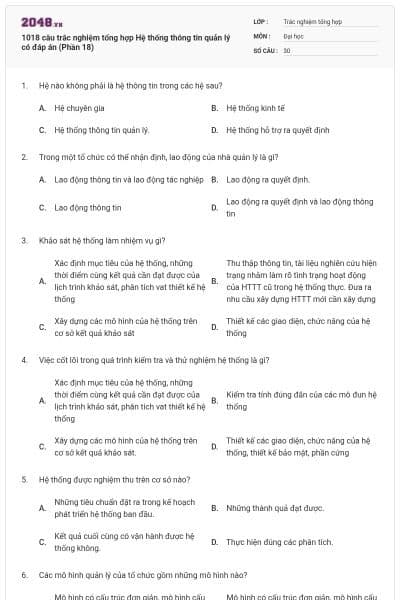 1018 câu trắc nghiệm tổng hợp Hệ thống thông tin quản lý có đáp án (Phần 18)