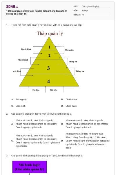 1018 câu trắc nghiệm tổng hợp Hệ thống thông tin quản lý có đáp án (Phần 19)