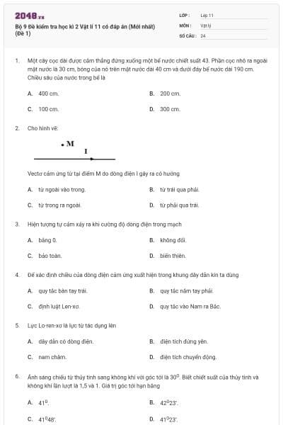 Bộ 9 Đề kiểm tra học kì 2 Vật lí 11 có đáp án (Mới nhất) (Đề 1)