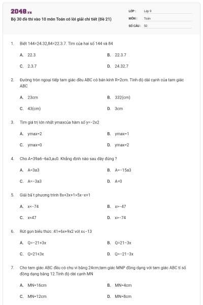 Bộ 30 đề thi vào 10 môn Toán có lời giải chi tiết (Đề 21)